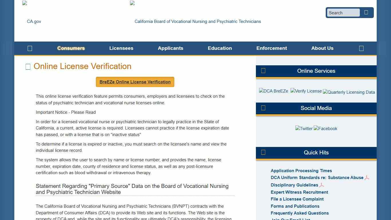 Online License Verification - Board of Vocational Nursing & Psychiatric Technicians